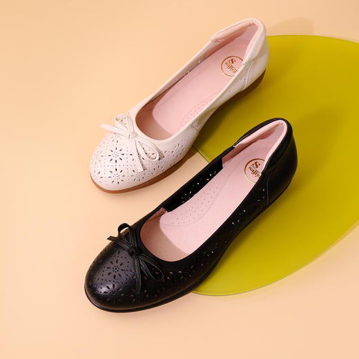 Safiya/索菲娅2023新品秋季舒适真皮休闲镂空蝴蝶结牛筋软底坡跟浅口单鞋 SF33111405 商品图6