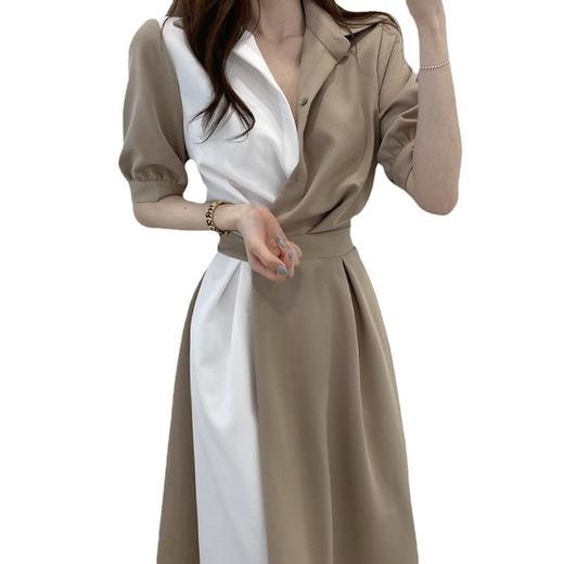 韩国chicc夏季法式小众翻领设计感撞色拼接一粒扣收腰短袖连衣裙 商品图5