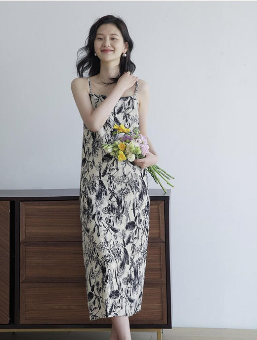 专柜品质 繁叶花丛艺术压褶吊带连衣裙法式吊带连衣裙女褶皱吊带裙设计感长裙 商品图1