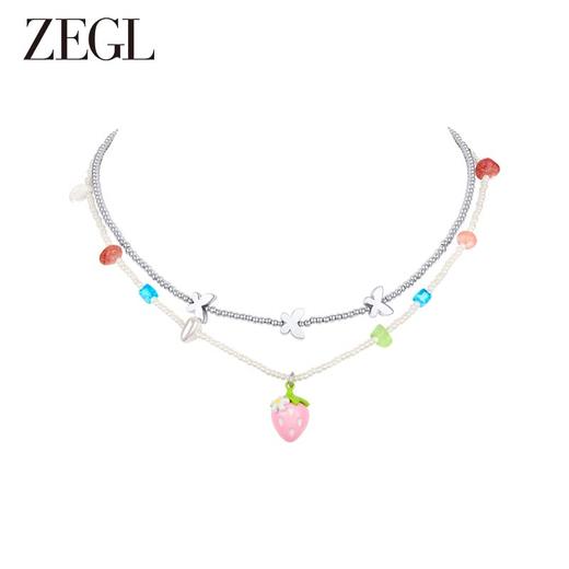 ZEGL设计师草莓小彩串彩色串珠项链女轻奢小众甜酷双层叠戴锁骨链 商品图0