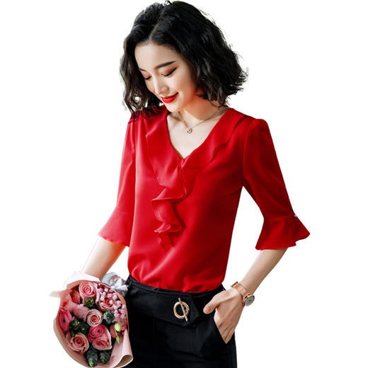 时尚百搭，荷叶边v领中袖上衣薄职业装喇叭袖白色衬衣雪纺衬衫XZ-YJE0565 商品图4