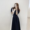韩国chicc夏季法式小众翻领设计感撞色拼接一粒扣收腰短袖连衣裙 商品缩略图3