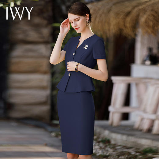 IWY/藏青色短袖西装套裙女夏季新款气质修身显瘦两件套CS01774 商品图3