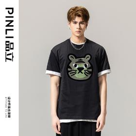PINLI品立春季新款男士短袖休闲T恤老虎圆领上衣BG231111033