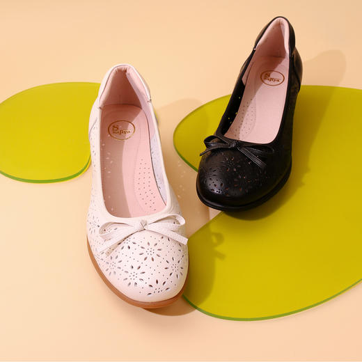 Safiya/索菲娅2023新品秋季舒适真皮休闲镂空蝴蝶结牛筋软底坡跟浅口单鞋 SF33111405 商品图1