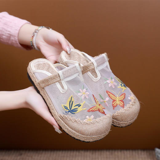 夏网纱布拖鞋，亚麻防滑圆头外穿绣花网红鞋AM-6 商品图1