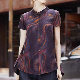 A2023夏季香云纱短袖妈妈装上衣桑蚕丝宽松复古真丝衬衫遮肉薄款女