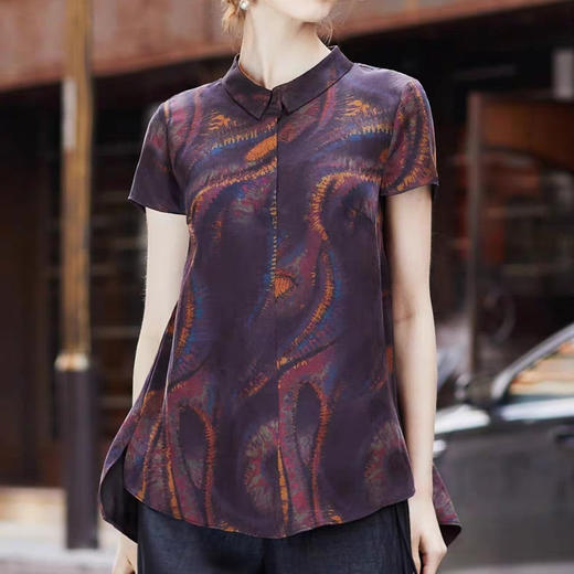 A2023夏季香云纱短袖妈妈装上衣桑蚕丝宽松复古真丝衬衫遮肉薄款女 商品图0