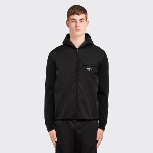 PRADA 普拉达 男士羊毛和Re-Nylon再生尼龙华达呢连帽薄款棉服 黑色 UMG026 1JF4 F0002 商品图1