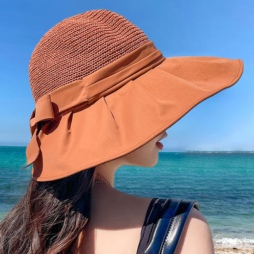 CT-46645遮阳帽女夏季帽大帽檐遮脸蝴蝶结太阳渔夫帽黑胶潮 商品图4