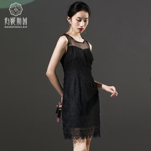 千年情话——梁祝化蝶漆黑色中袖蕾丝连衣裙2S40057 商品图1