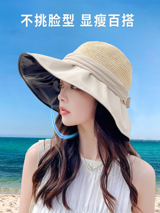 CT-46645遮阳帽女夏季帽大帽檐遮脸蝴蝶结太阳渔夫帽黑胶潮 商品图2