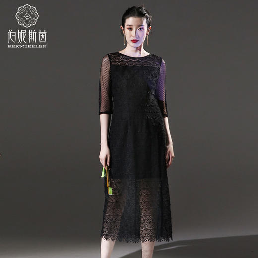 千年情话——梁祝化蝶漆黑色中袖蕾丝连衣裙2S40057 商品图0