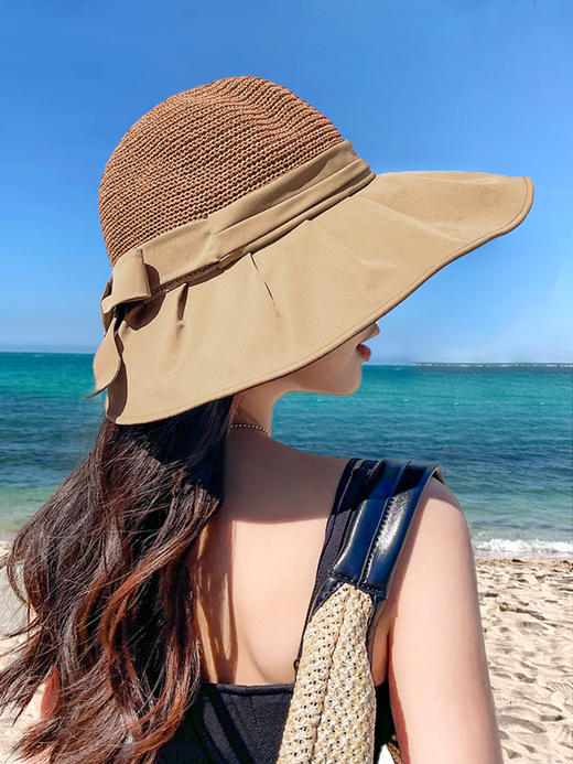 CT-46645遮阳帽女夏季帽大帽檐遮脸蝴蝶结太阳渔夫帽黑胶潮 商品图1