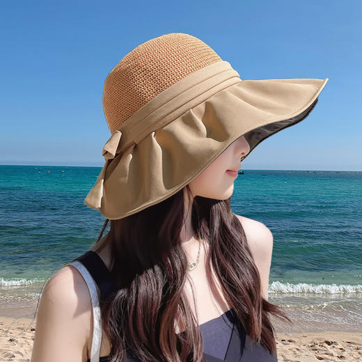 CT-46645遮阳帽女夏季帽大帽檐遮脸蝴蝶结太阳渔夫帽黑胶潮 商品图7