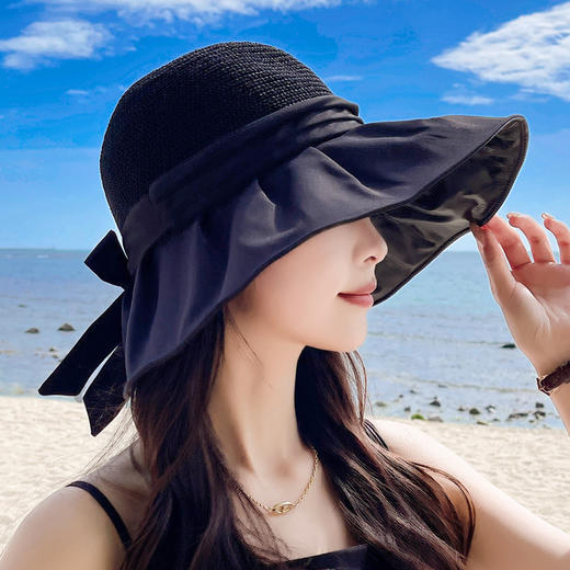 CT-46645遮阳帽女夏季帽大帽檐遮脸蝴蝶结太阳渔夫帽黑胶潮 商品图6