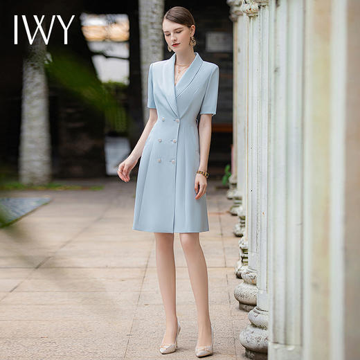 IWY/时尚蓝色西装领连衣裙女夏季短袖职业装气质女神范正装中长款Q933-L 商品图0