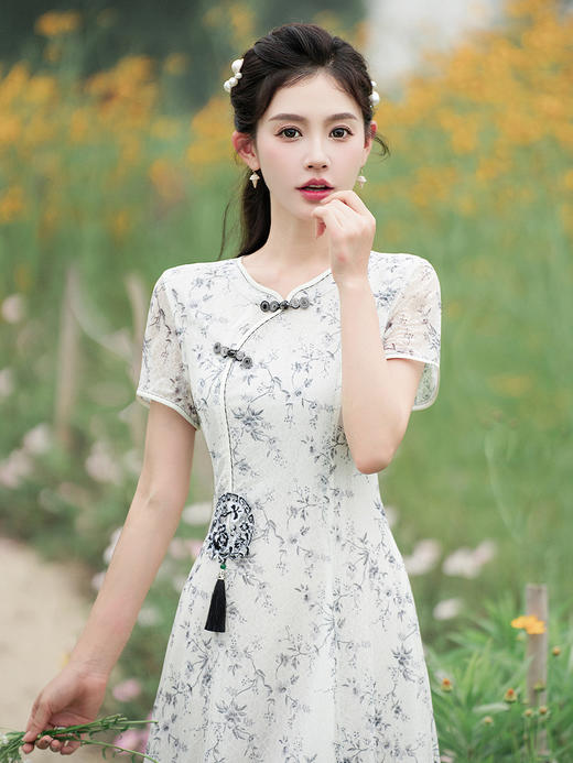蕾丝旗袍夏新款改良大摆连衣裙双层修身JLM3138 商品图0
