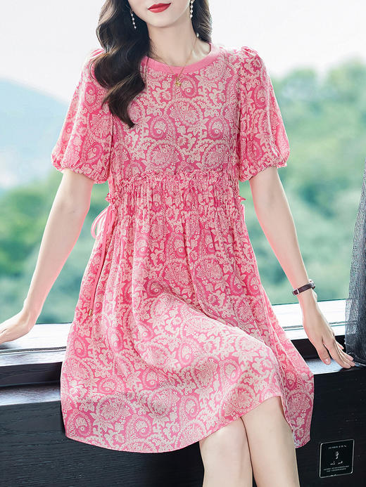 WWM-46735高腰显瘦小个子粉色碎花真丝裙子桑蚕丝连衣裙矮个子女装 商品图1