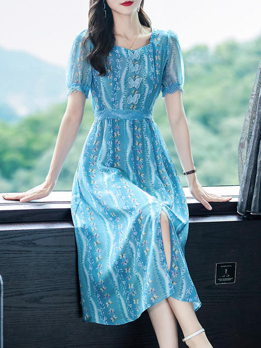 WWM-48818夏季女装48818刺绣蝴蝶桑蚕丝碎花连衣裙收腰小开叉真丝裙子长款 商品图1