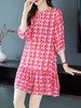 WWM-48807真丝双绉裙子荷叶边红色千鸟格小个子桑蚕丝连衣裙女夏 商品缩略图0