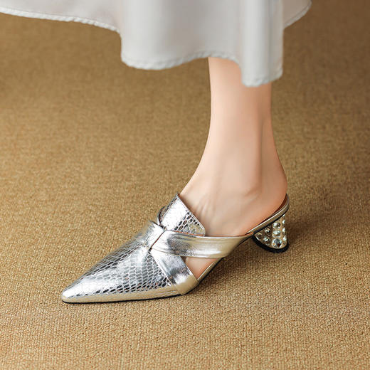 高跟穆勒鞋水钻法式气质金色尖头包头半拖鞋OLD6329 商品图6