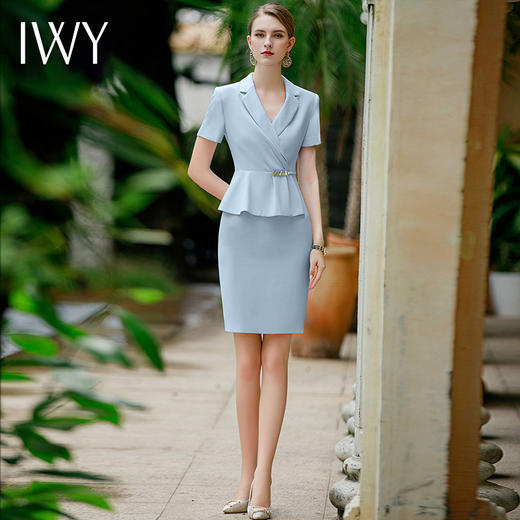 IWY/蓝色短袖连衣裙工作服女气质女神范职业装收腰假两件售楼部工装Q944 商品图0