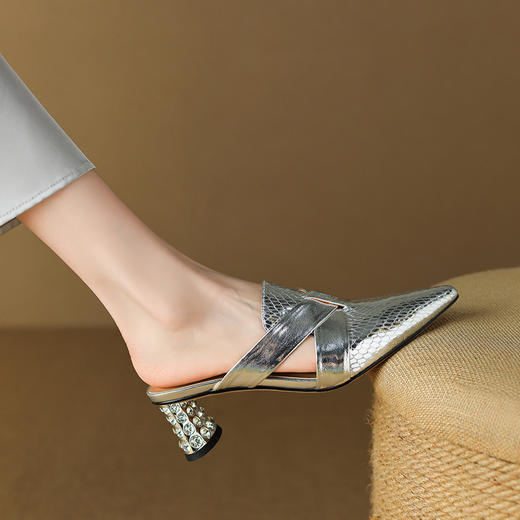 高跟穆勒鞋水钻法式气质金色尖头包头半拖鞋OLD6329 商品图3