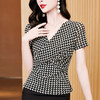 百搭修身显瘦V领，交叉格纹网纱打底衫t恤KQL-E37M2583 商品缩略图0