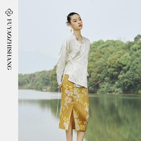 IWY扶摇系列 夏季新中式开叉印花压褶半裙