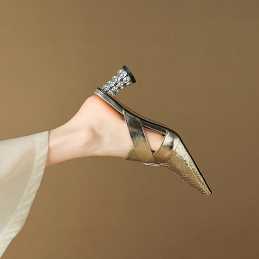 高跟穆勒鞋水钻法式气质金色尖头包头半拖鞋OLD6329 商品图1