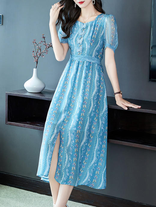 WWM-48818夏季女装48818刺绣蝴蝶桑蚕丝碎花连衣裙收腰小开叉真丝裙子长款 商品图0