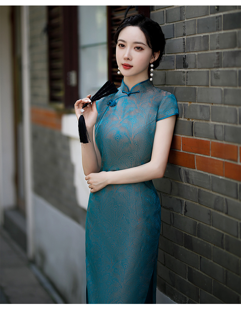 国韵复古,透气中长款民国风开叉真丝改良旗袍my8808