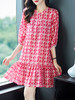 WWM-48807真丝双绉裙子荷叶边红色千鸟格小个子桑蚕丝连衣裙女夏 商品缩略图1