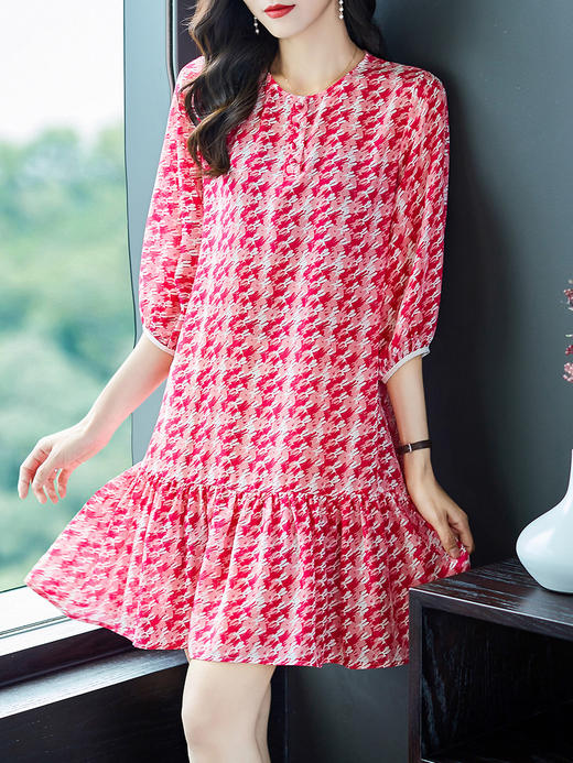 WWM-48807真丝双绉裙子荷叶边红色千鸟格小个子桑蚕丝连衣裙女夏 商品图1