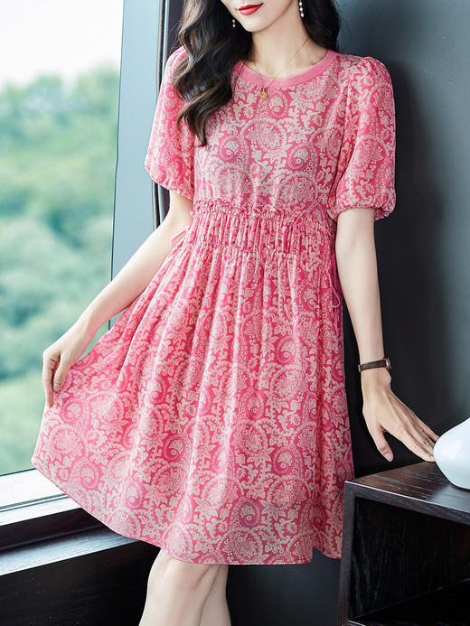 WWM-46735高腰显瘦小个子粉色碎花真丝裙子桑蚕丝连衣裙矮个子女装 商品图3