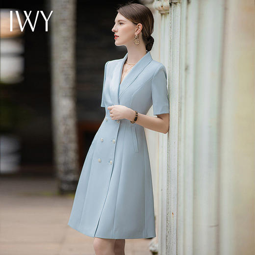 IWY/时尚蓝色西装领连衣裙女夏季短袖职业装气质女神范正装中长款Q933-L 商品图2