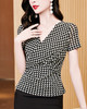 百搭修身显瘦V领，交叉格纹网纱打底衫t恤KQL-E37M2583 商品缩略图2