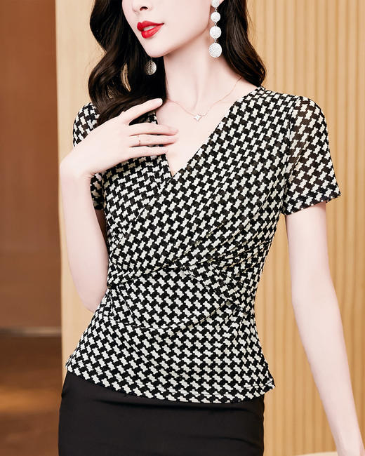 百搭修身显瘦V领，交叉格纹网纱打底衫t恤KQL-E37M2583 商品图2