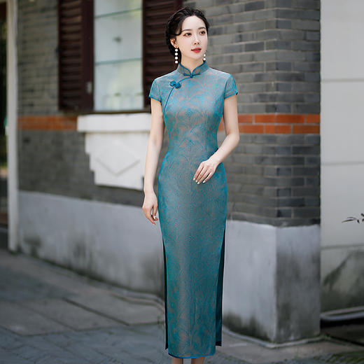 国韵复古，透气中长款民国风开叉真丝改良旗袍MY8808 商品图0