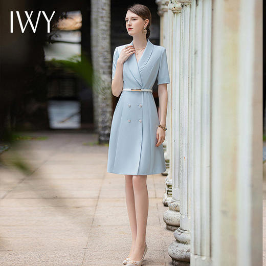 IWY/时尚蓝色西装领连衣裙女夏季短袖职业装气质女神范正装中长款Q933-L 商品图3