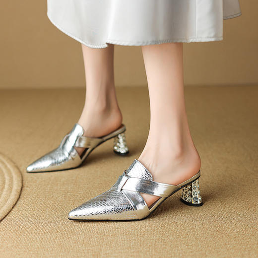 高跟穆勒鞋水钻法式气质金色尖头包头半拖鞋OLD6329 商品图2