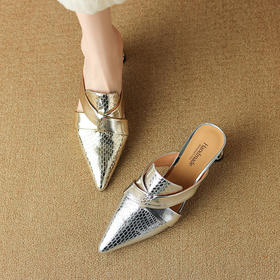 高跟穆勒鞋水钻法式气质金色尖头包头半拖鞋OLD6329