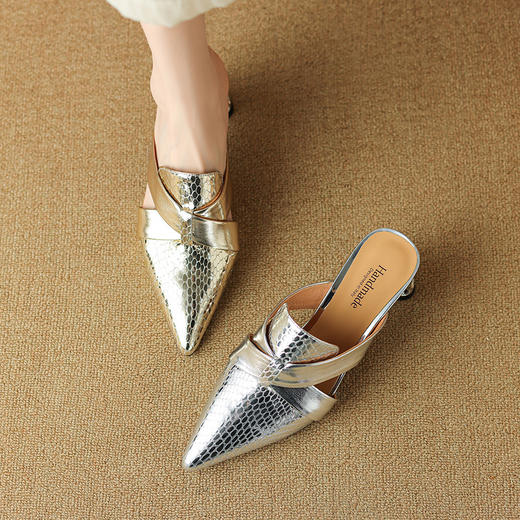 高跟穆勒鞋水钻法式气质金色尖头包头半拖鞋OLD6329 商品图0