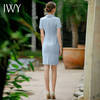 IWY/蓝色短袖连衣裙工作服女气质女神范职业装收腰假两件售楼部工装Q944 商品缩略图4