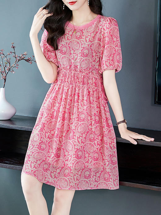 WWM-46735高腰显瘦小个子粉色碎花真丝裙子桑蚕丝连衣裙矮个子女装 商品图4