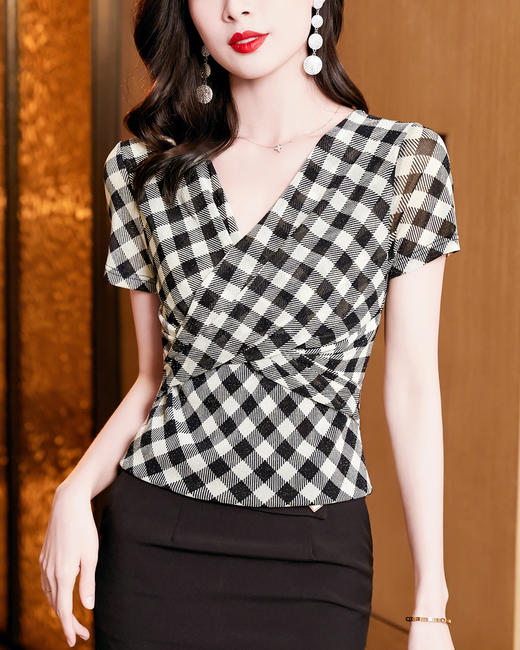 百搭修身显瘦V领，交叉格纹网纱打底衫t恤KQL-E37M2583 商品图1