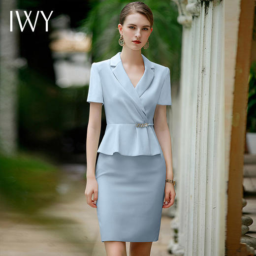 IWY/蓝色短袖连衣裙工作服女气质女神范职业装收腰假两件售楼部工装Q944 商品图1