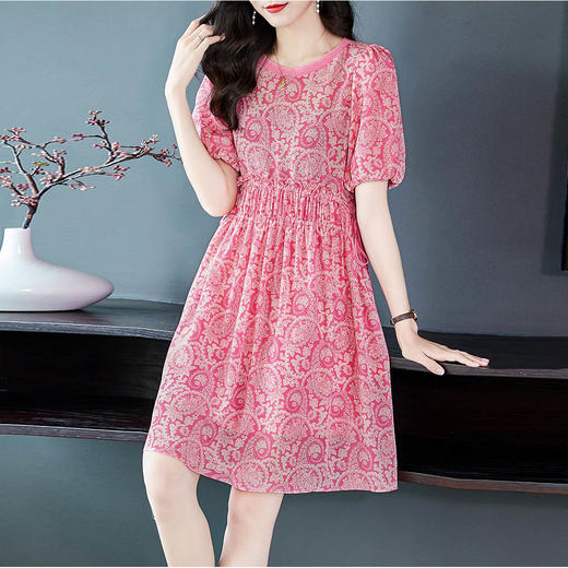 WWM-46735高腰显瘦小个子粉色碎花真丝裙子桑蚕丝连衣裙矮个子女装 商品图0