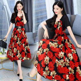 休闲舒适，气质通列简约花色拼接假两件复古连衣裙（送腰带）HR-HMQY2546-1